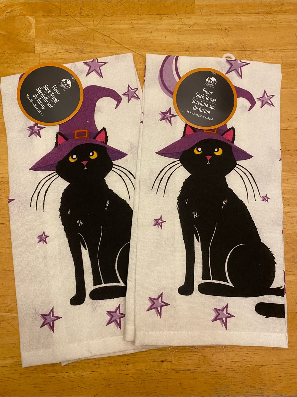 Set of 2 Flour Sack kitchen Towels Black Cat w Purple Witch Hat. All cotton NWT